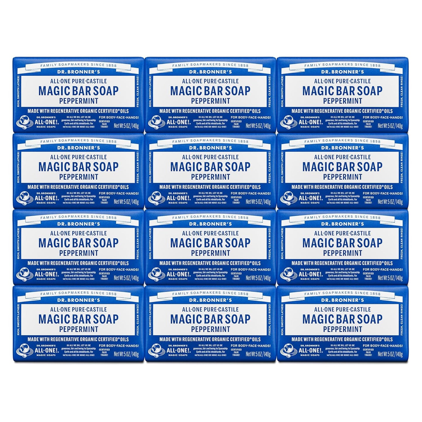 Dr. Bronner's Pure-Castile Magic Soap Bars (Peppermint, 5 oz) - Made with Regenerative Organic Certified Oils - For Face, Body & Hair - Gentle, Vegan - Bar Soaps for Men & Women(Pack of 12)