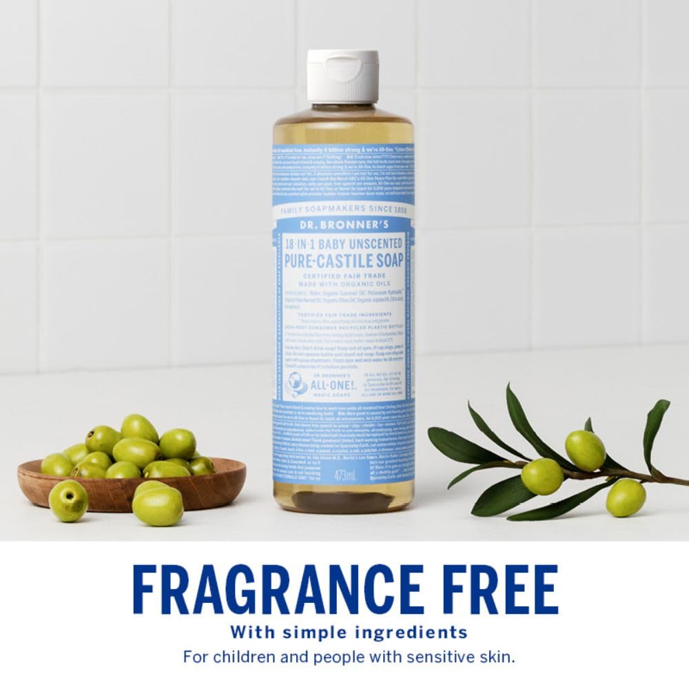 Dr. Bronner's Pure-Castile Magic Liquid Soap (Baby Unscented, 8 Ounce)- Made with Organic Oils, 18-in1 Uses: Face, Hair, Hand & Body Soap, Laundry, Pets- Concentrated, Vegan,