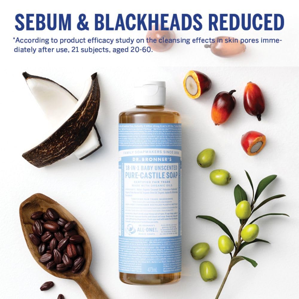 Dr. Bronner's Pure-Castile Magic Liquid Soap (Baby Unscented, 8 Ounce)- Made with Organic Oils, 18-in1 Uses: Face, Hair, Hand & Body Soap, Laundry, Pets- Concentrated, Vegan,
