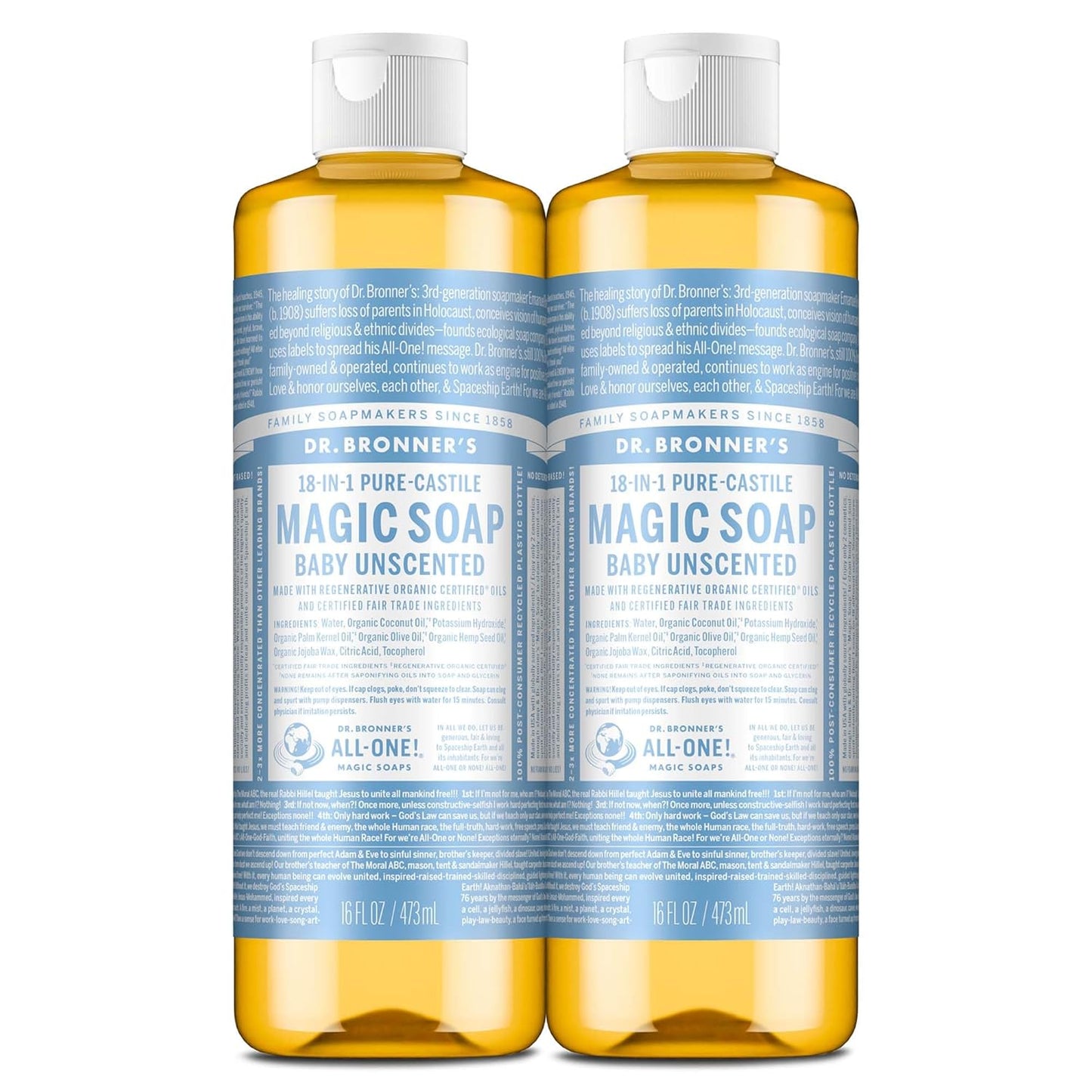 Dr. Bronner's Pure-Castile Magic Liquid Soap (Baby Unscented, 32 Ounce)- Made with Organic Oils, 18-in1 Uses: Face, Hair, Hand & Body Soap, Laundry, Pets- Concentrated, Vegan -(Pack of 2)