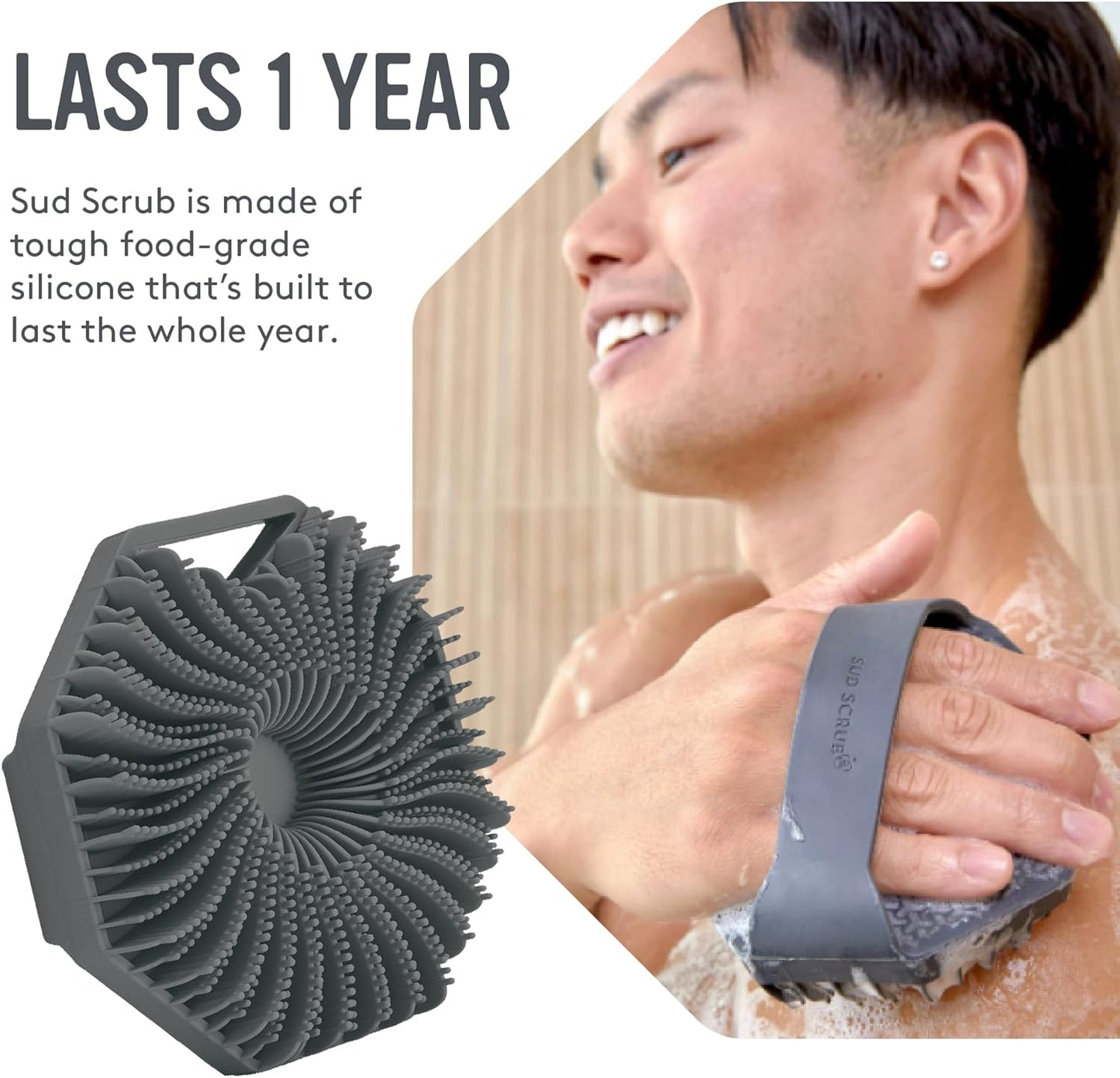 Sud Scrub® Antimicrobial Silicone Body Scrubber, Exfoliating Body Scrubber for Sensitive Skin, Eco Friendly Shower Scrubber for Body, Silicone Body Brush for Showering, (Grey)