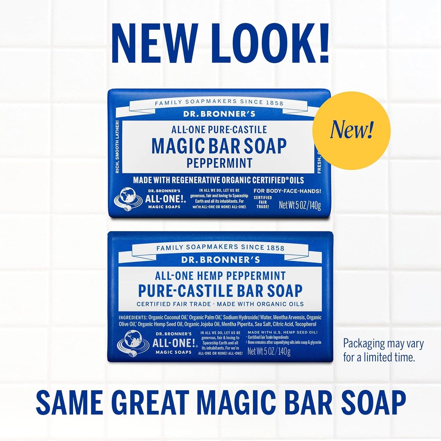 Dr. Bronner's Pure-Castile Magic Soap Bars (Peppermint, 5 oz) - Made with Regenerative Organic Certified Oils - For Face, Body & Hair - Gentle, Vegan - Bar Soaps for Men & Women(Pack of 6)