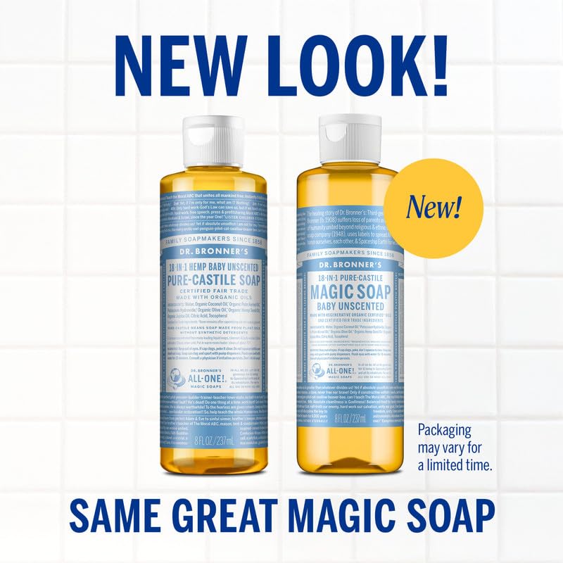 Dr. Bronner's Pure-Castile Magic Liquid Soap (Baby Unscented, 8 Ounce)- Made with Organic Oils, 18-in1 Uses: Face, Hair, Hand & Body Soap, Laundry, Pets- Concentrated, Vegan,
