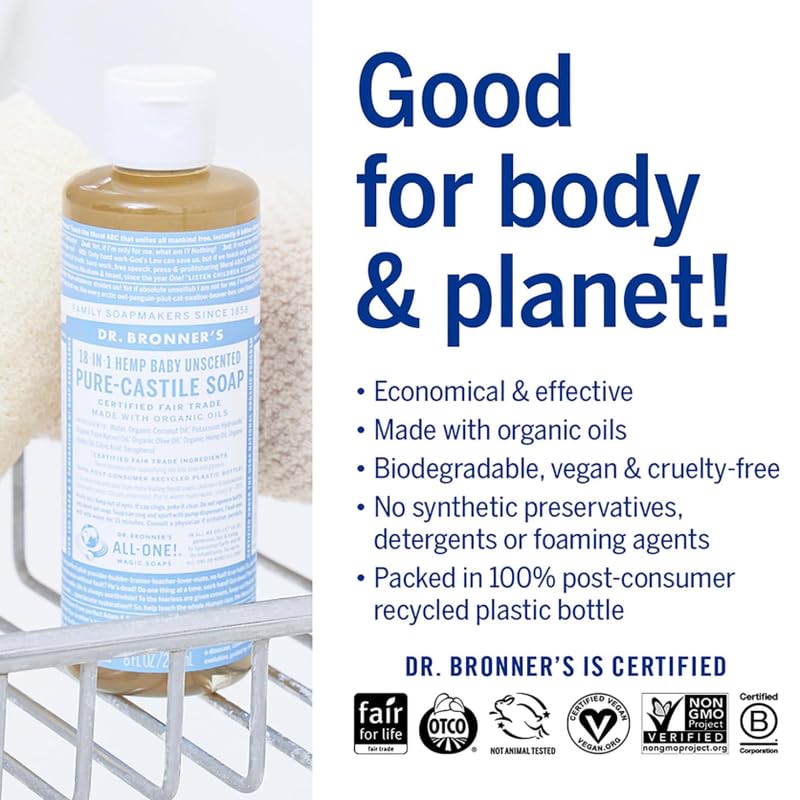 Dr. Bronner's Pure-Castile Magic Liquid Soap (Baby Unscented, 8 Ounce)- Made with Organic Oils, 18-in1 Uses: Face, Hair, Hand & Body Soap, Laundry, Pets- Concentrated, Vegan,