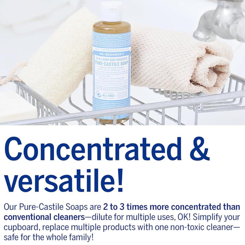 Dr. Bronner's Pure-Castile Magic Liquid Soap (Baby Unscented, 8 Ounce)- Made with Organic Oils, 18-in1 Uses: Face, Hair, Hand & Body Soap, Laundry, Pets- Concentrated, Vegan,