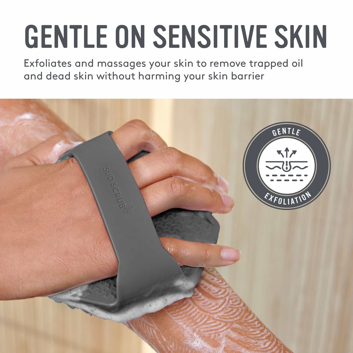 Sud Scrub® Antimicrobial Silicone Body Scrubber, Exfoliating Body Scrubber for Sensitive Skin, Eco Friendly Shower Scrubber for Body, Silicone Body Brush for Showering, (Grey)