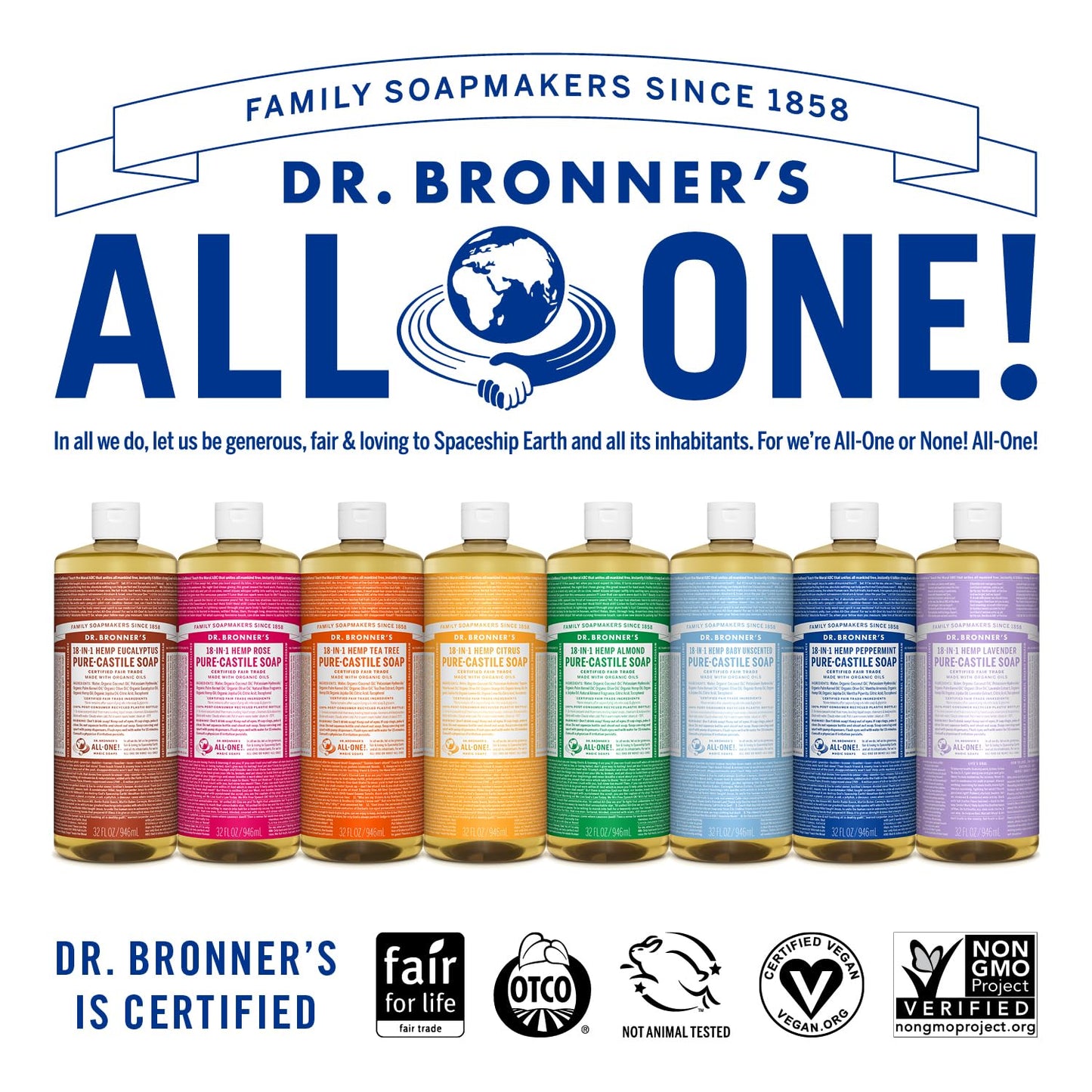 Dr. Bronner's Pure-Castile Magic Liquid Soap (Baby Unscented, 32 Ounce)- Made with Organic Oils, 18-in1 Uses: Face, Hair, Hand & Body Soap, Laundry, Pets- Concentrated, Vegan -(Pack of 2)