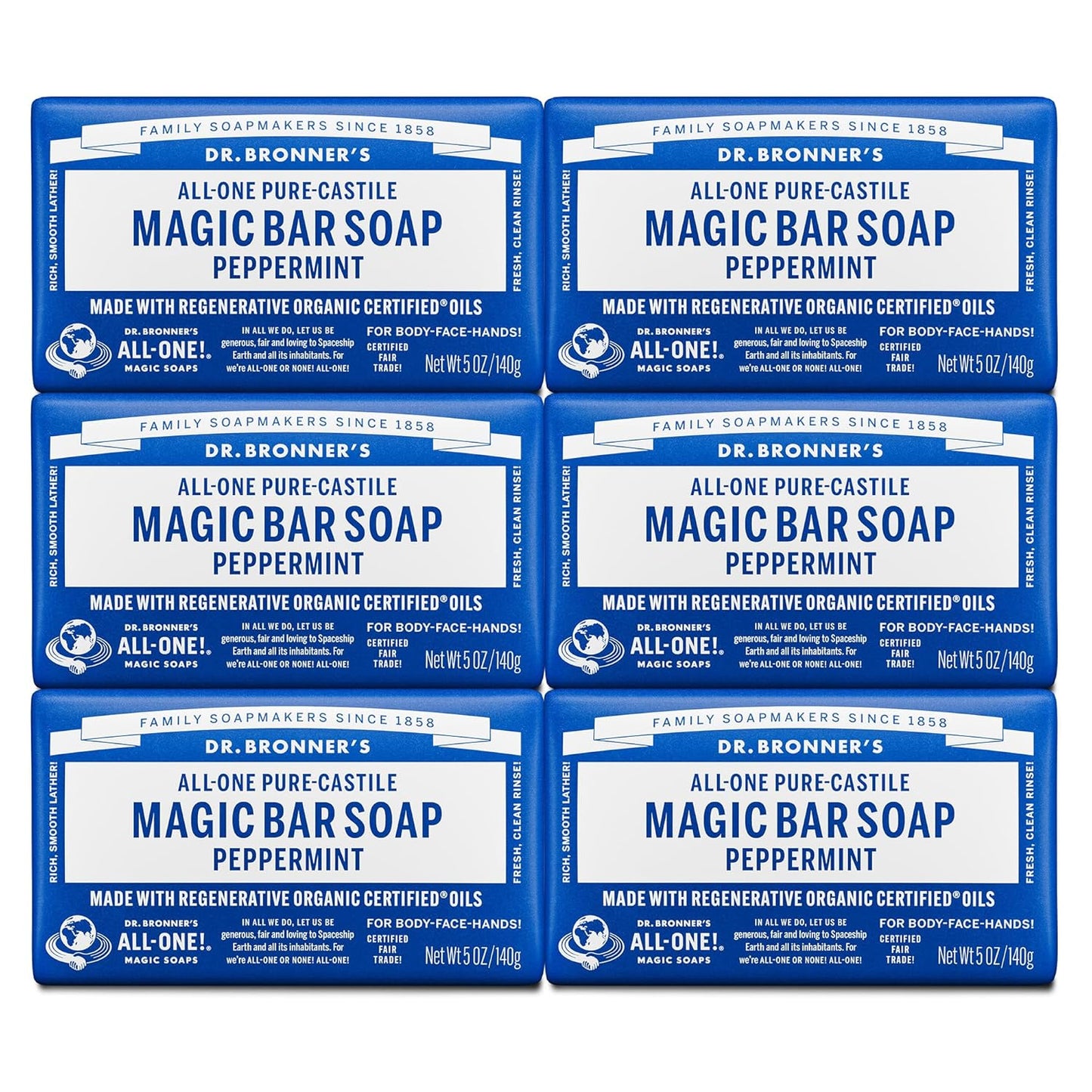 Dr. Bronner's Pure-Castile Magic Soap Bars (Peppermint, 5 oz) - Made with Regenerative Organic Certified Oils - For Face, Body & Hair - Gentle, Vegan - Bar Soaps for Men & Women(Pack of 6)