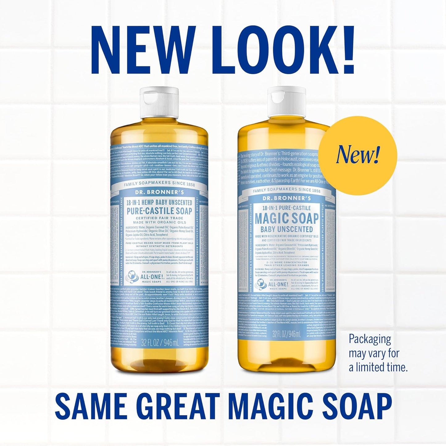 Dr. Bronner's Pure-Castile Magic Liquid Soap (Baby Unscented, 32 Ounce)- Made with Organic Oils, 18-in1 Uses: Face, Hair, Hand & Body Soap, Laundry, Pets- Concentrated, Vegan -(Pack of 2)