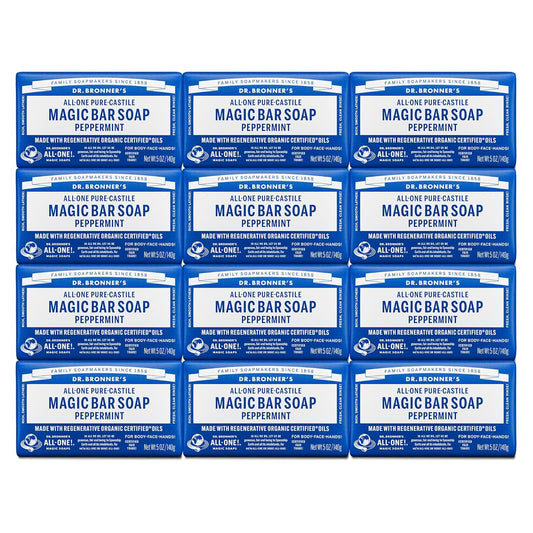 Dr. Bronner's Pure-Castile Magic Soap Bars (Peppermint, 5 oz) - Made with Regenerative Organic Certified Oils - For Face, Body & Hair - Gentle, Vegan - Bar Soaps for Men & Women(Pack of 12)
