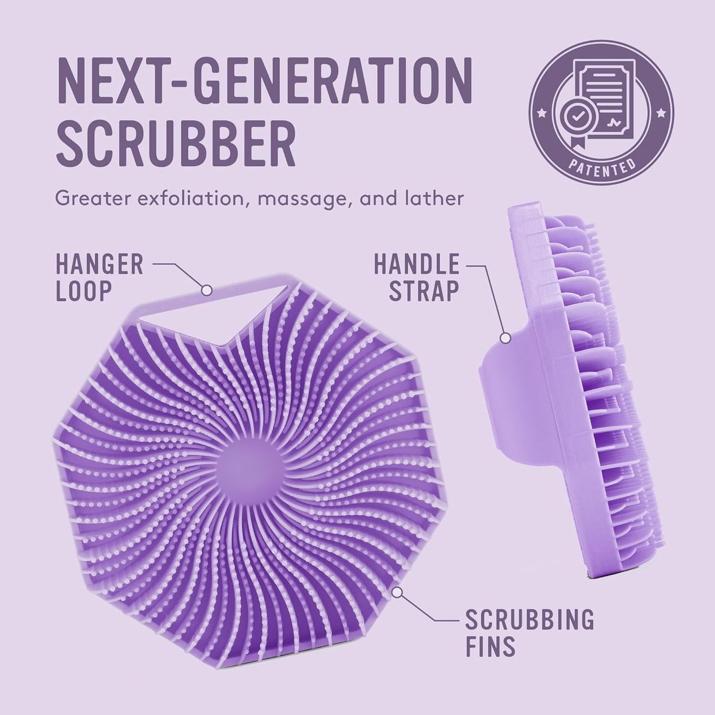 Sud Scrub® Antimicrobial Silicone Body Scrubber, Exfoliating Body Scrubber for Sensitive Skin, Eco Friendly Shower Scrubber for Body, Silicone Body Brush for Showering, (Purple)