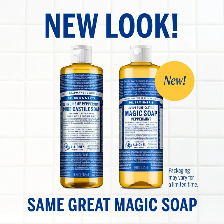 Dr. Bronner's Pure-Castile Magic Liquid Soap (Peppermint, 8 Ounce)- Made with Organic Oils, 18-in1 Uses: Face, Hair, Hand & Body Soap, Laundry, Pets- Concentrated, Vegan, Non-GMO