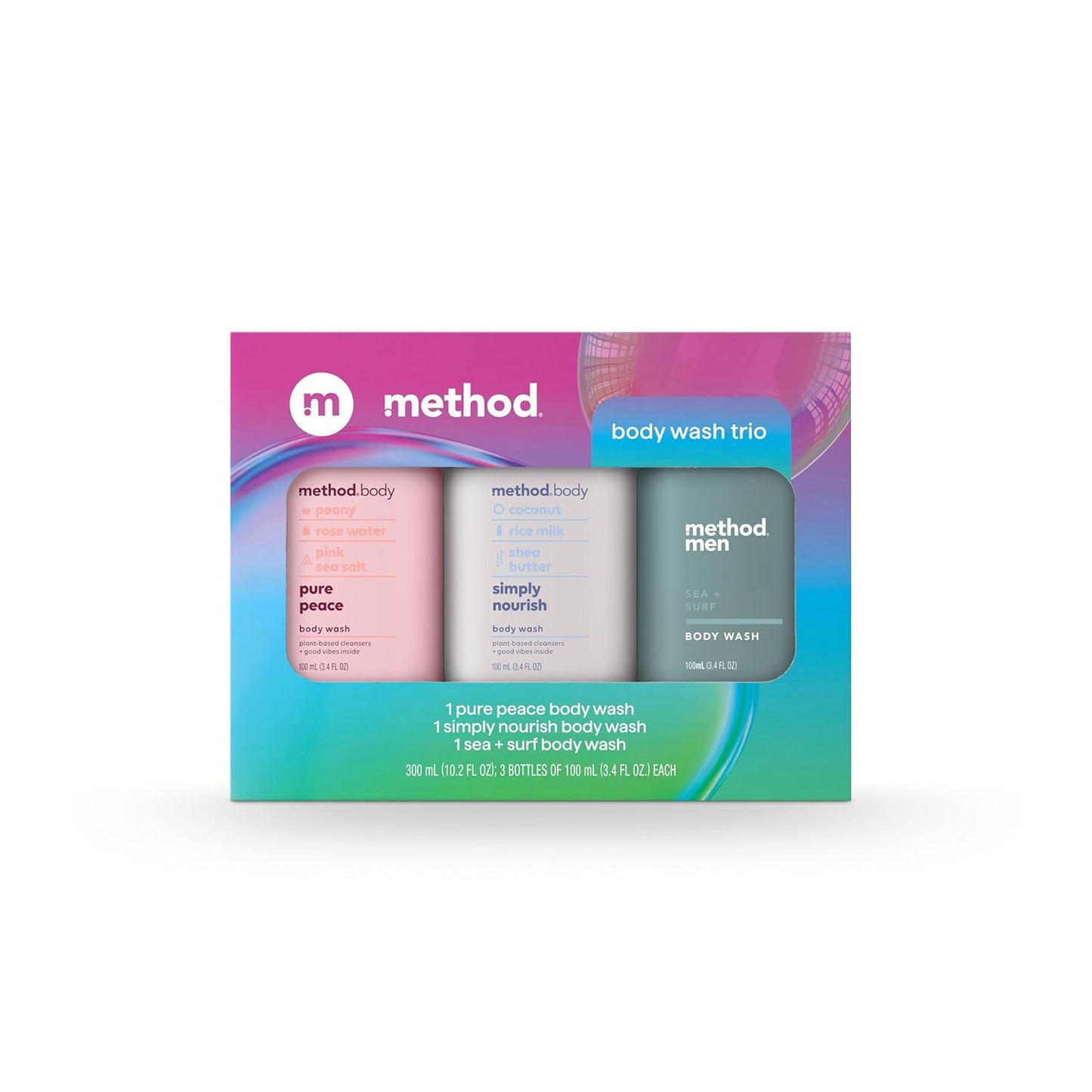 Method Body Wash Gift Set, Pure Peace, Simply Nourish and Sea + Surf, Travel Size Bottles - 3.4 FL oz (Pack of 3)