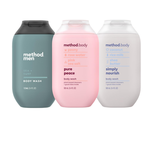 Method Body Wash Gift Set, Pure Peace, Simply Nourish and Sea + Surf, Travel Size Bottles - 3.4 FL oz (Pack of 3)