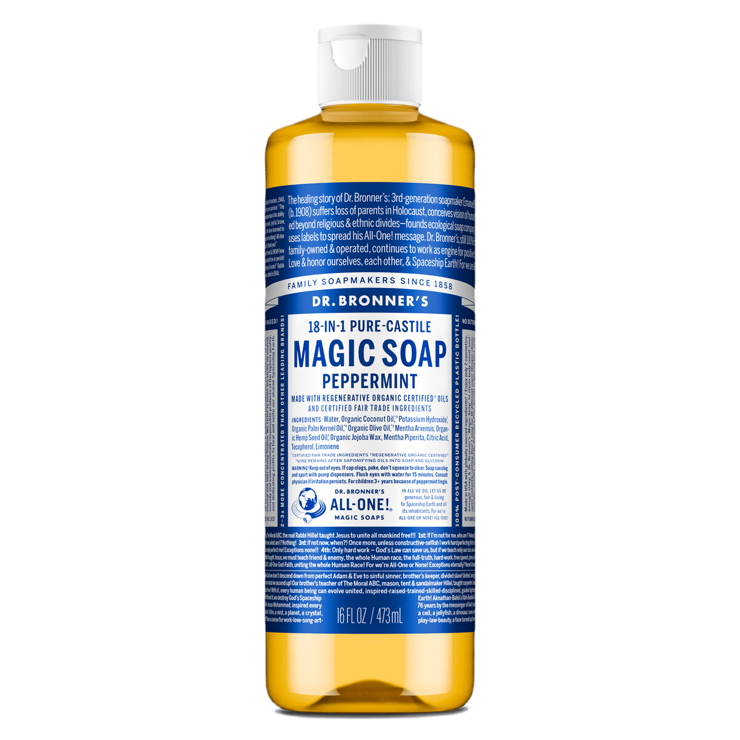Dr. Bronner's Pure-Castile Magic Liquid Soap (Peppermint, 8 Ounce)- Made with Organic Oils, 18-in1 Uses: Face, Hair, Hand & Body Soap, Laundry, Pets- Concentrated, Vegan, Non-GMO