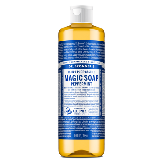 Dr. Bronner's Pure-Castile Magic Liquid Soap (Peppermint, 8 Ounce)- Made with Organic Oils, 18-in1 Uses: Face, Hair, Hand & Body Soap, Laundry, Pets- Concentrated, Vegan, Non-GMO