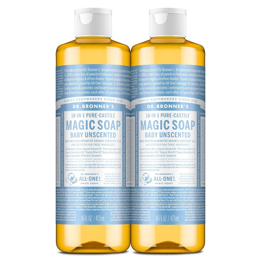 Dr. Bronner's Pure-Castile Magic Liquid Soap (Baby Unscented, 32 Ounce)- Made with Organic Oils, 18-in1 Uses: Face, Hair, Hand & Body Soap, Laundry, Pets- Concentrated, Vegan -(Pack of 2)