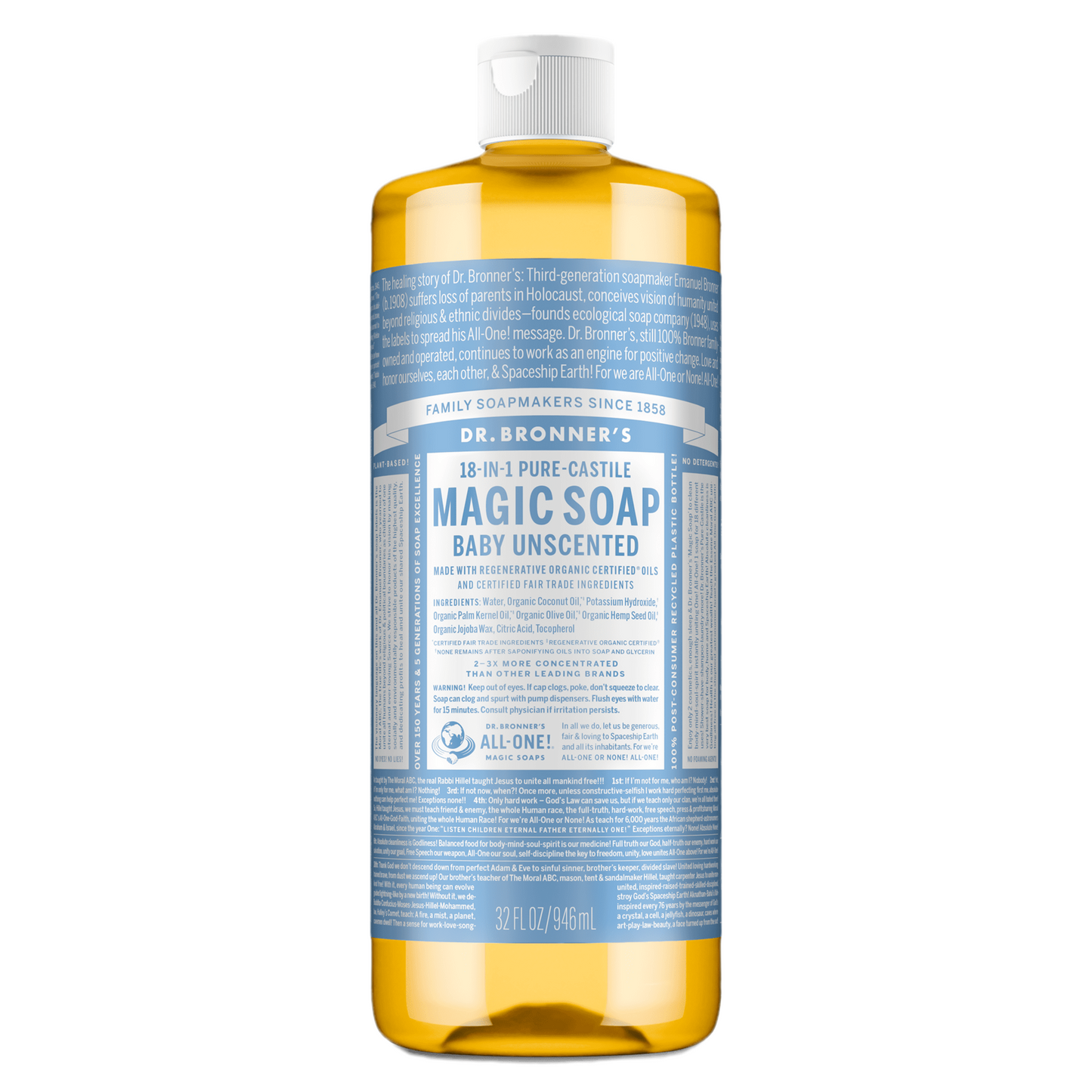 Dr. Bronner's Pure-Castile Magic Liquid Soap (Baby Unscented, 8 Ounce)- Made with Organic Oils, 18-in1 Uses: Face, Hair, Hand & Body Soap, Laundry, Pets- Concentrated, Vegan,