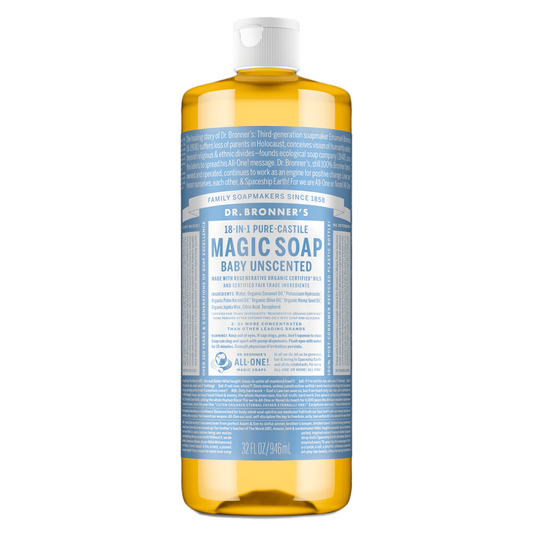 Dr. Bronner's Pure-Castile Magic Liquid Soap (Baby Unscented, 8 Ounce)- Made with Organic Oils, 18-in1 Uses: Face, Hair, Hand & Body Soap, Laundry, Pets- Concentrated, Vegan,