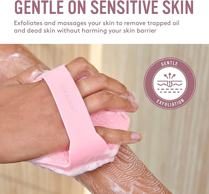 Sud Scrub® Antimicrobial Silicone Body Scrubber, Exfoliating Body Scrubber for Sensitive Skin, Eco Friendly Shower Scrubber for Body, Silicone Body Brush for Showering, (Pink)