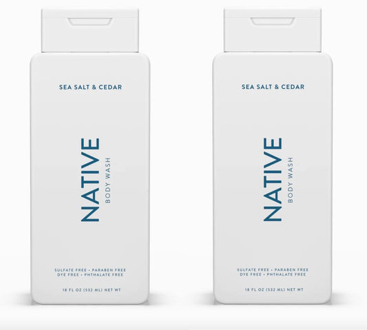 Native Body Wash Contains Naturally Derived Ingredients, For Women & Men, Sulfate, Paraben, & Dye Free Leaving Skin Soft and Hydrating, Sea Salt & Cedar 18 oz - (Pack of 2)