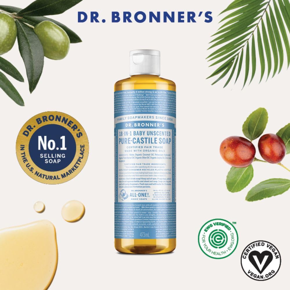 Dr. Bronner's Pure-Castile Magic Liquid Soap (Baby Unscented, 8 Ounce)- Made with Organic Oils, 18-in1 Uses: Face, Hair, Hand & Body Soap, Laundry, Pets- Concentrated, Vegan,