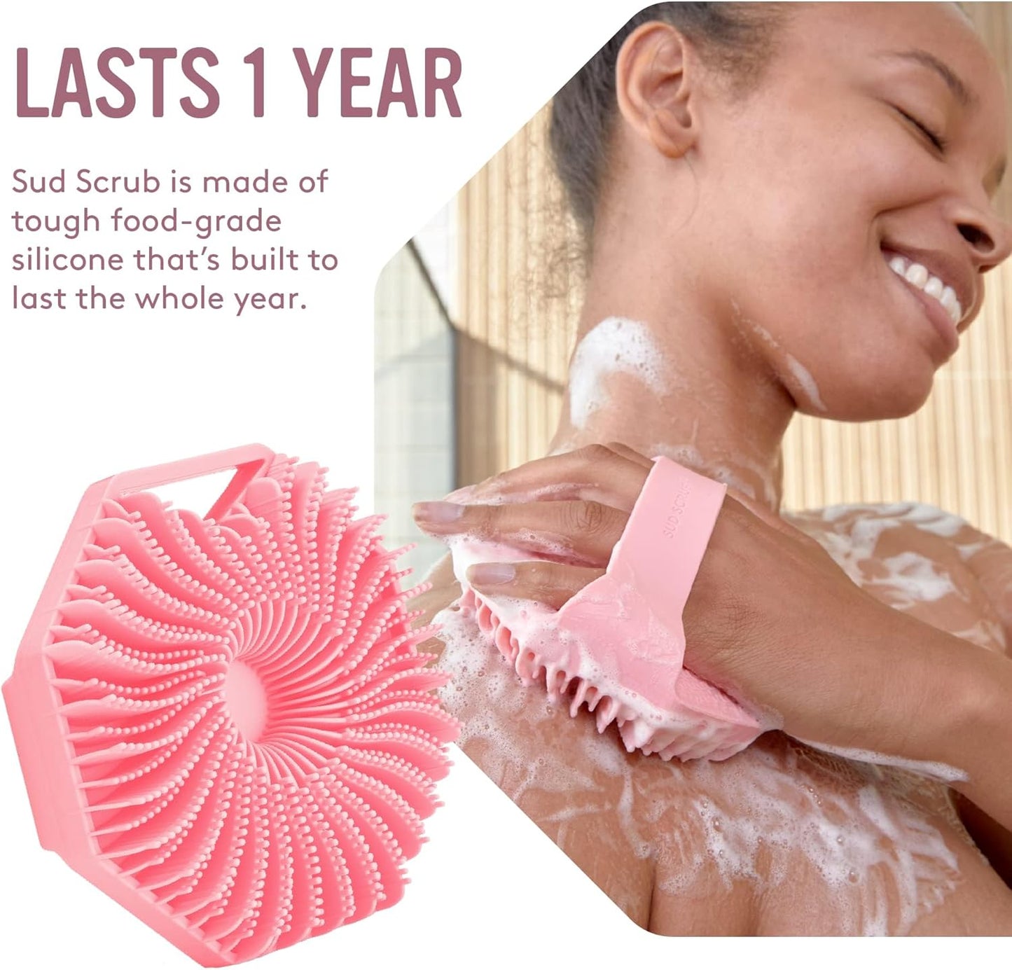 Sud Scrub® Antimicrobial Silicone Body Scrubber, Exfoliating Body Scrubber for Sensitive Skin, Eco Friendly Shower Scrubber for Body, Silicone Body Brush for Showering, (Pink)