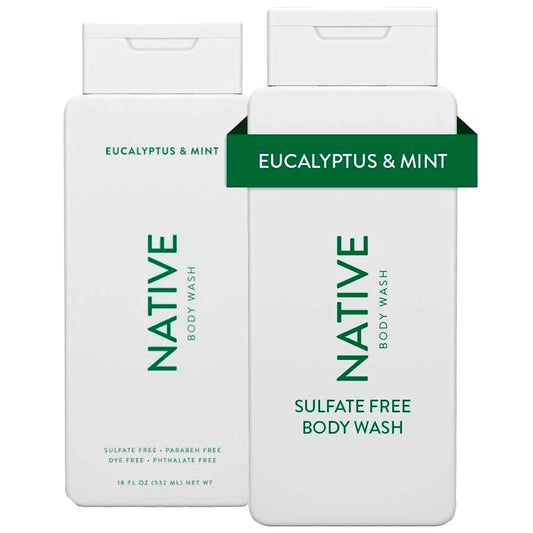 Native Body Wash Contains Naturally Derived Ingredients, For Women & Men, Sulfate, Paraben, & Dye Free Leaving Skin Soft and Hydrated, Eucalyptus & Mint, 18 oz - (Pack of 2)