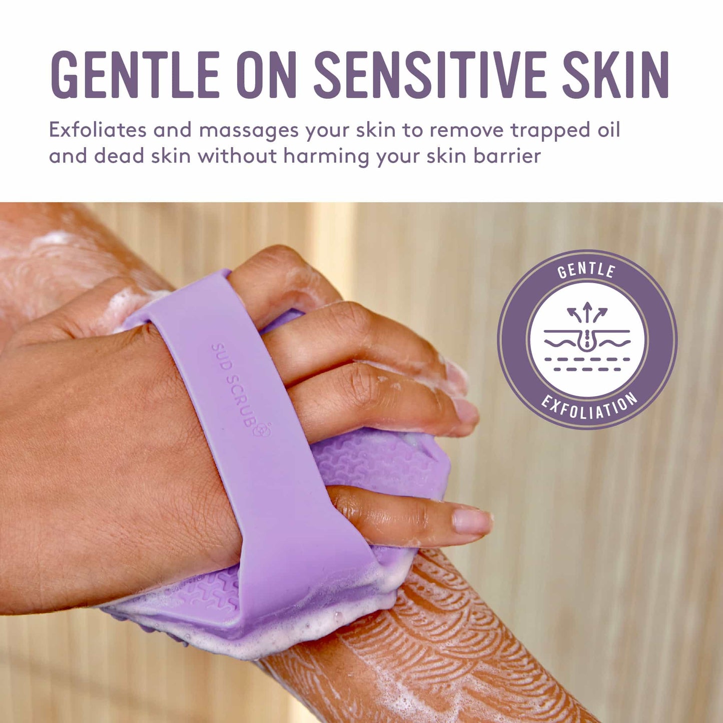 Sud Scrub® Antimicrobial Silicone Body Scrubber, Exfoliating Body Scrubber for Sensitive Skin, Eco Friendly Shower Scrubber for Body, Silicone Body Brush for Showering, (Purple)